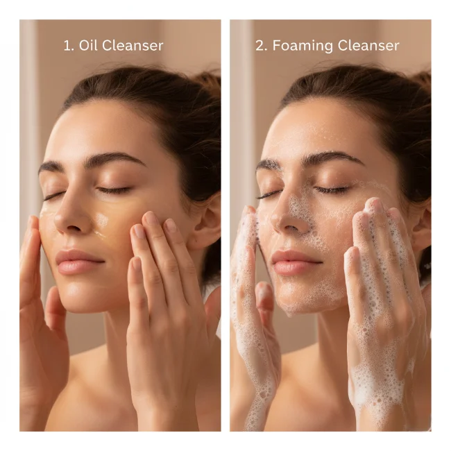 double cleansing benefits- two steps, oil cleanser and foaming cleanser