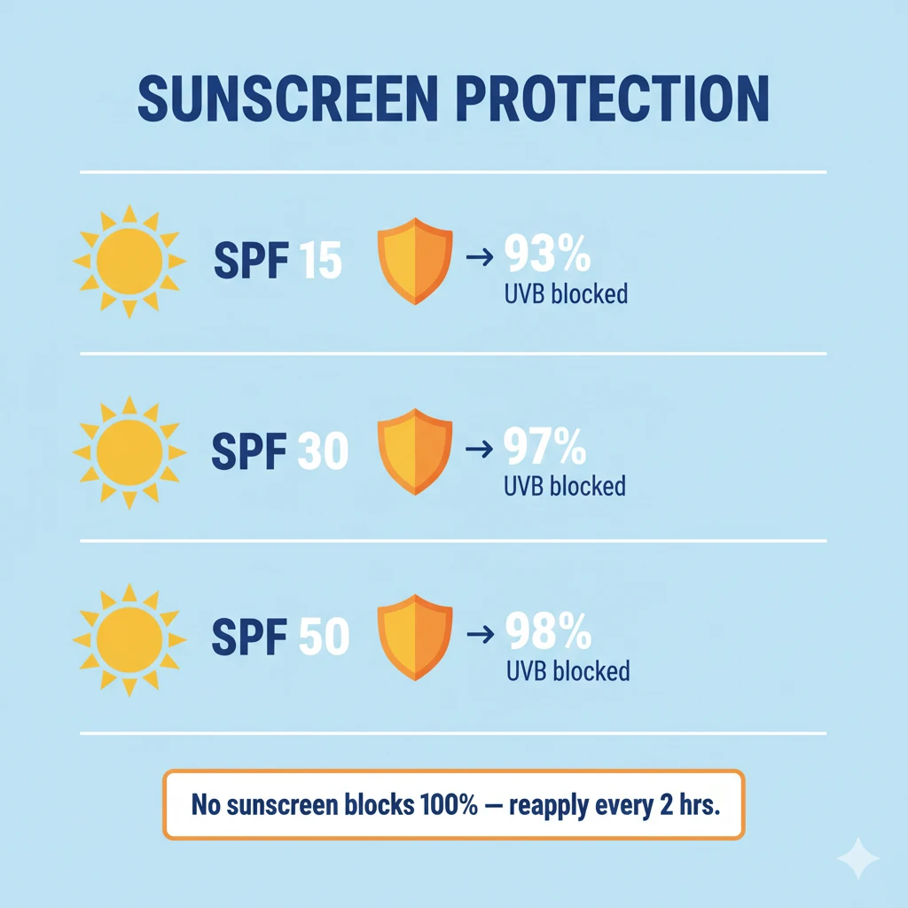 SPF benefits- SPF 15, SPF 30 and SPF 50 Blocks UVB